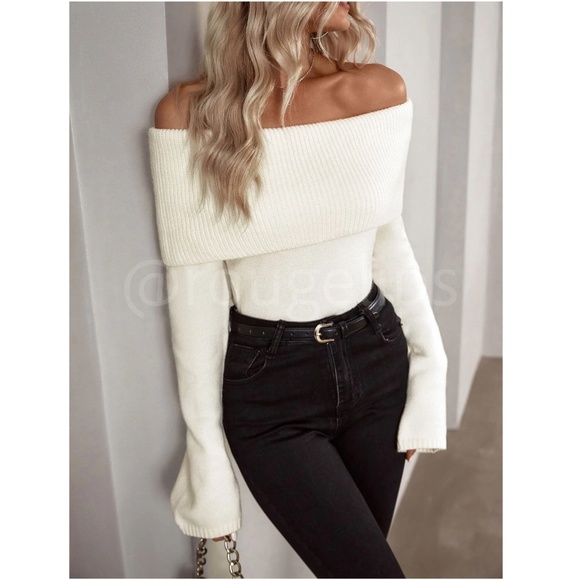 Cream Off The Shoulder Fold Over Sweater Pullover Knit Long Sleeve - Picture 7 of 13
